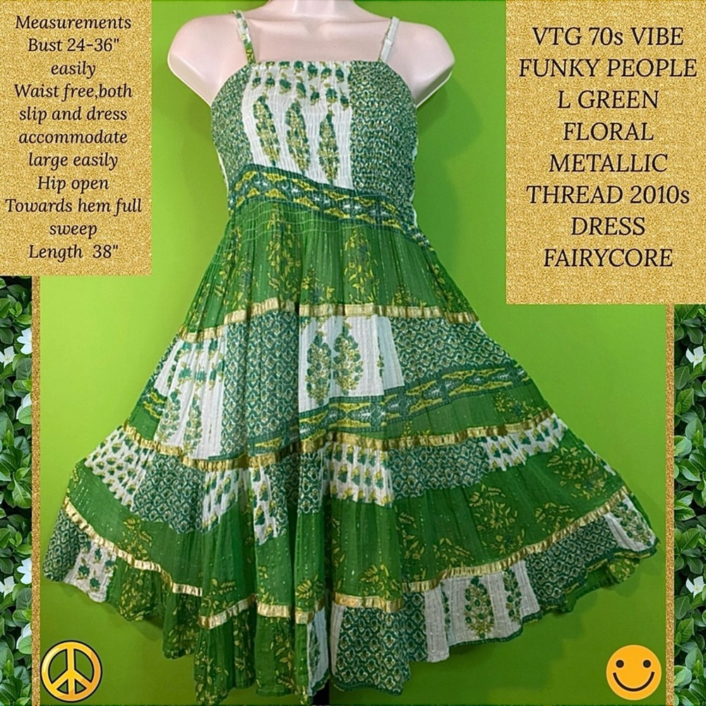 “VTG 70s STYLE” FUNKY PEOPLE L GREEN FLORAL 2010s FREE SPIRIT SMOCKED DRESS